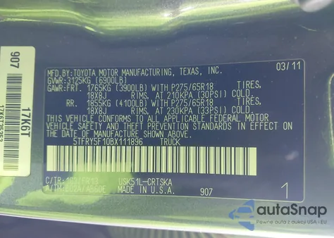 2011 Toyota Tundra Grade 5.7L V8 z USA, uszkodzony, nr VIN 5TFRY5F10BX111896